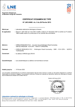 CR:515 Calibreur acoustique de classe 1 Certificat d'approbation de type LNE